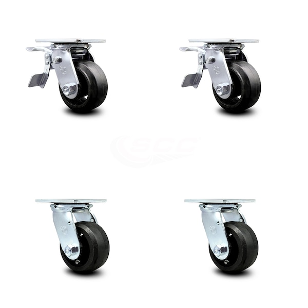 Service Caster 4 Inch Rubber on Steel Caster Set with Roller Bearing 2 Total Lock Brake SCC SCC-TTL30S420-RSR-2-S-2 - main